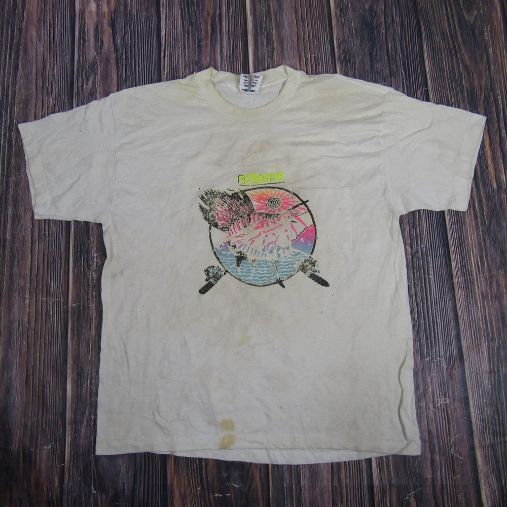 Vintage Florida Shirt Mens Large White Graphic Tee 80s Ophel T-Shirt Fish Art